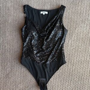 NWOT Popilish sequin cowl neck, chain detail sculpting bodysuit.